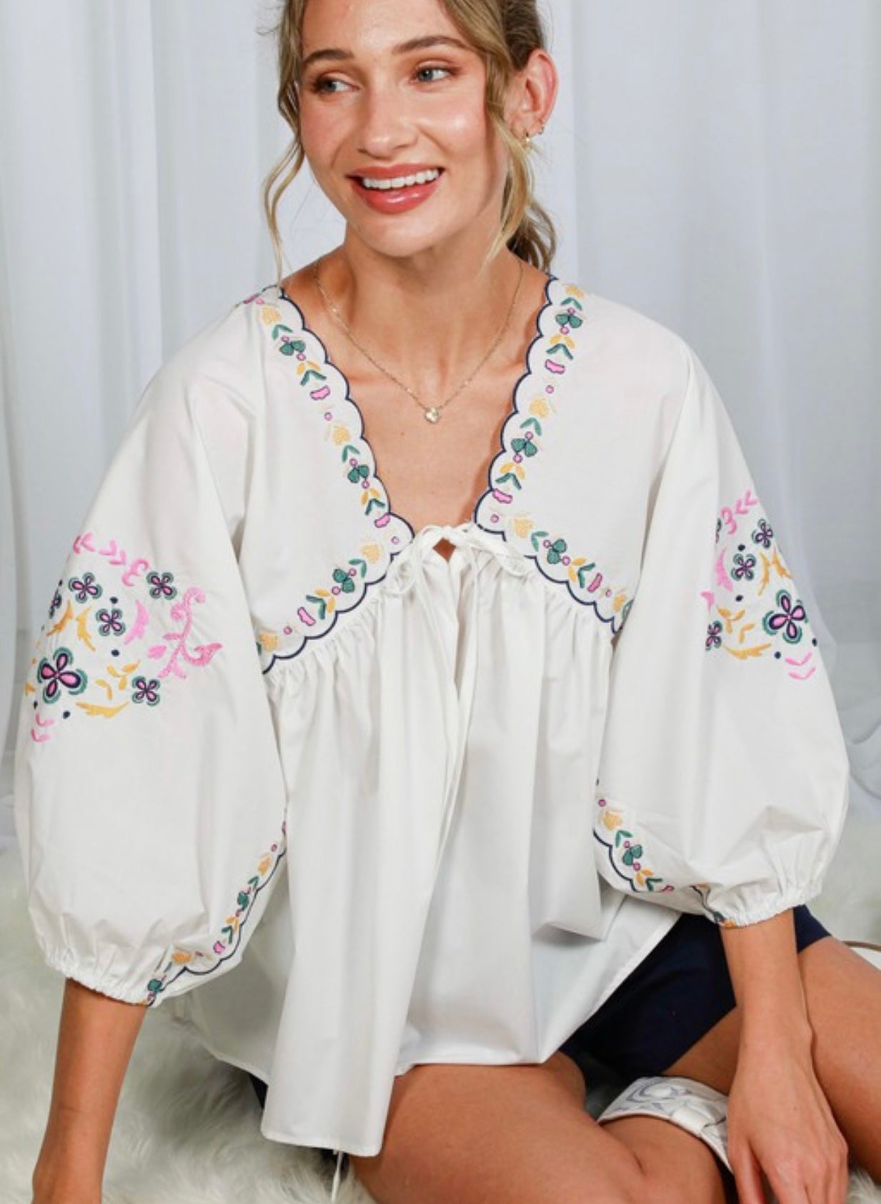Tie Front Embroidered V-Neck Blouse
