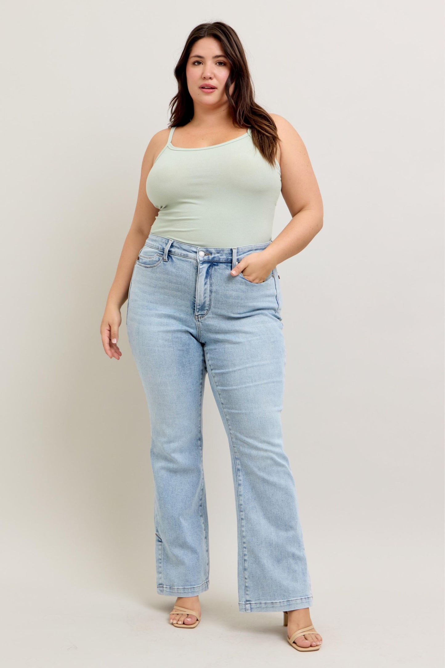 Curvy Judy Blue HW Tummy Control Vintage Wash Side Slit Slim Boot