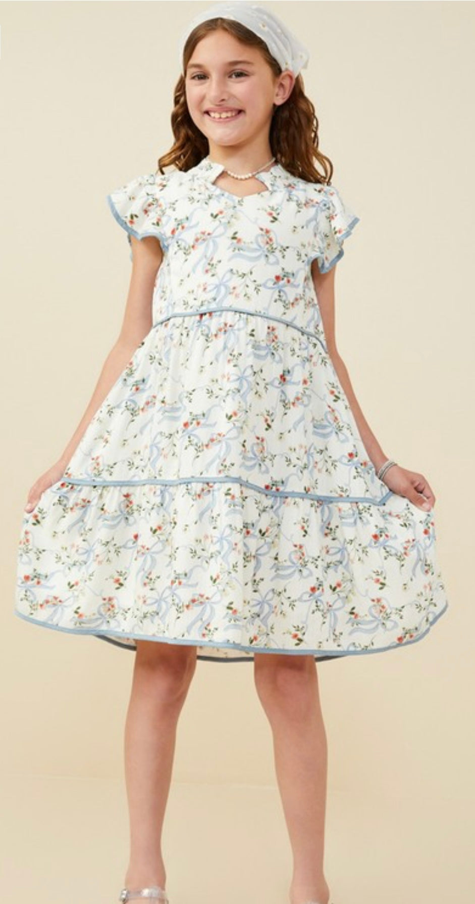 Girls Floral Ribbon Print Contrast Trim Dress