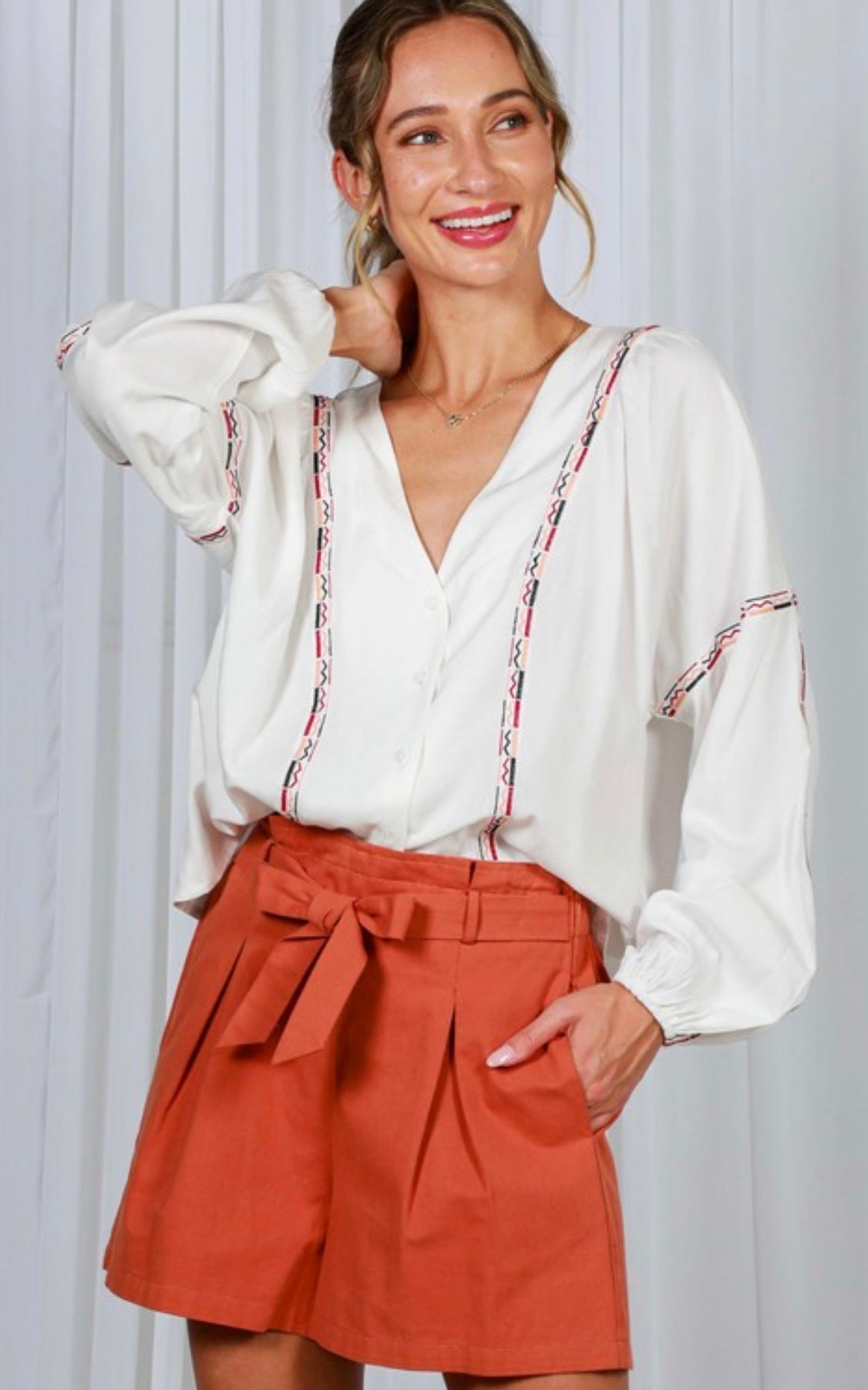 V-Neck Long Puff Sleeve Embroidered Blouse Top