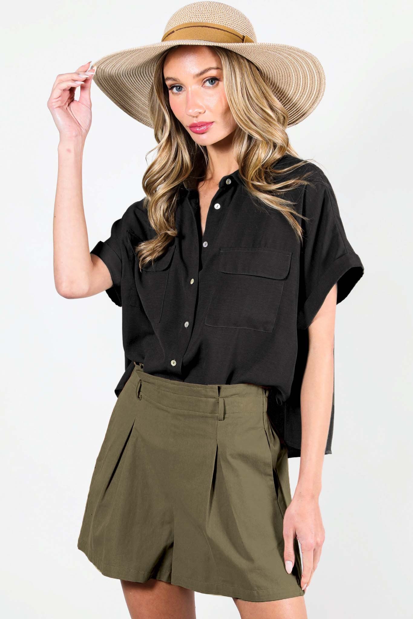 Short Roll Up Sleeve Pocket Detail Top - Black