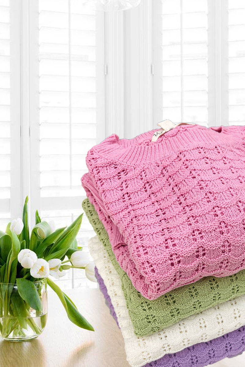 Short Sleeve Pointelle Summer Sweater Top - PINK