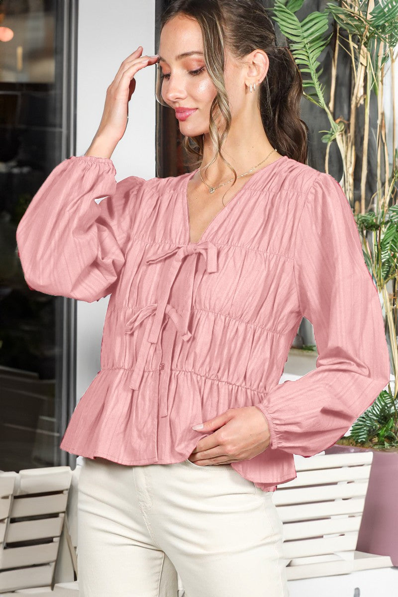 Front Tie Elastic Detail V-Neck Cotton Blouse - Blush