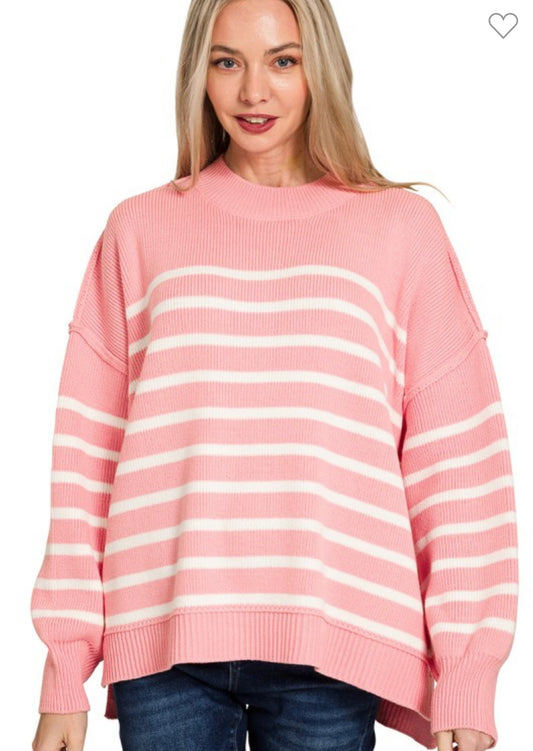 Light pink Exposed Seam Striped Oversized Sweater