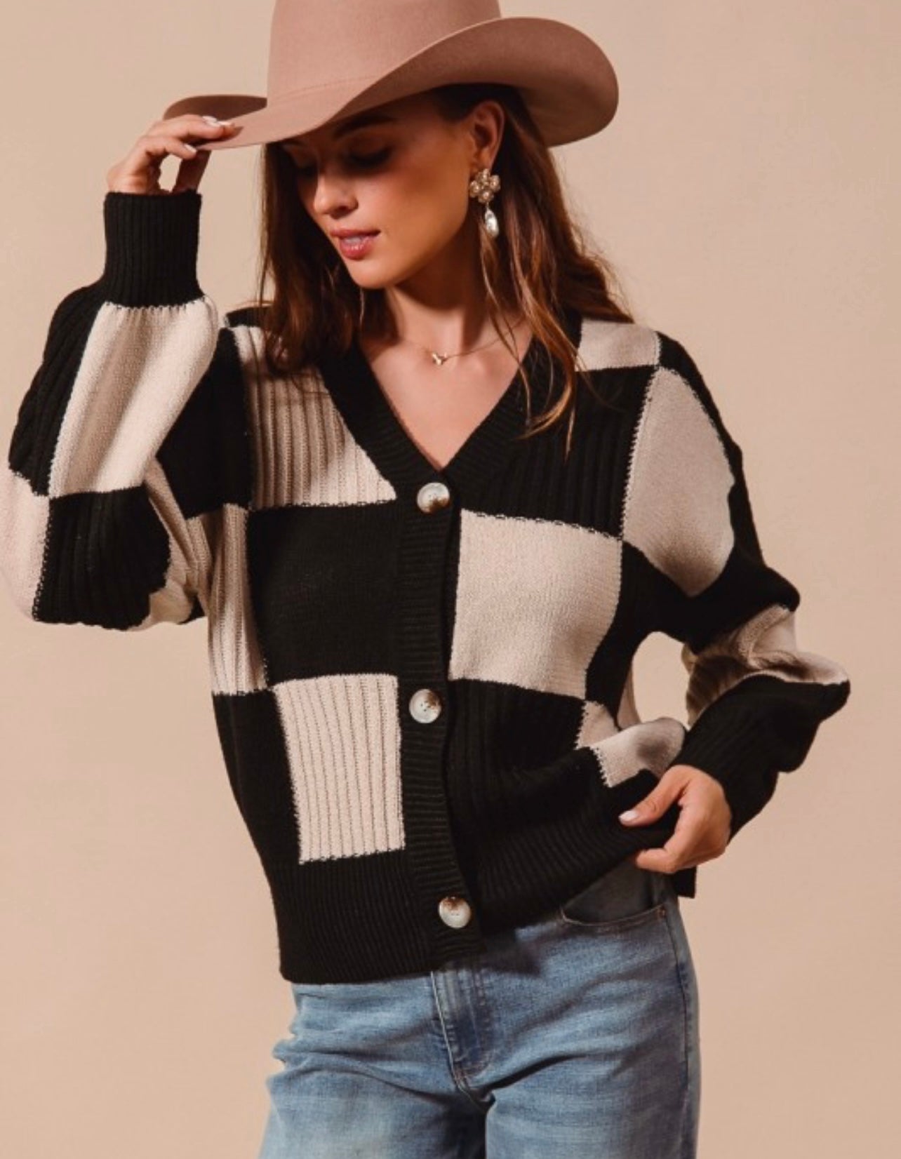 Checkered Button Front Cardigan - Oatmeal/Black