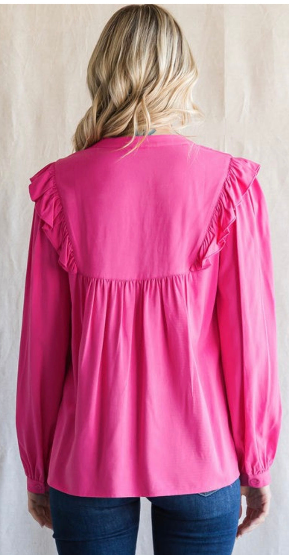 Solid hot pink Ruffled Embroidery Yoke Top