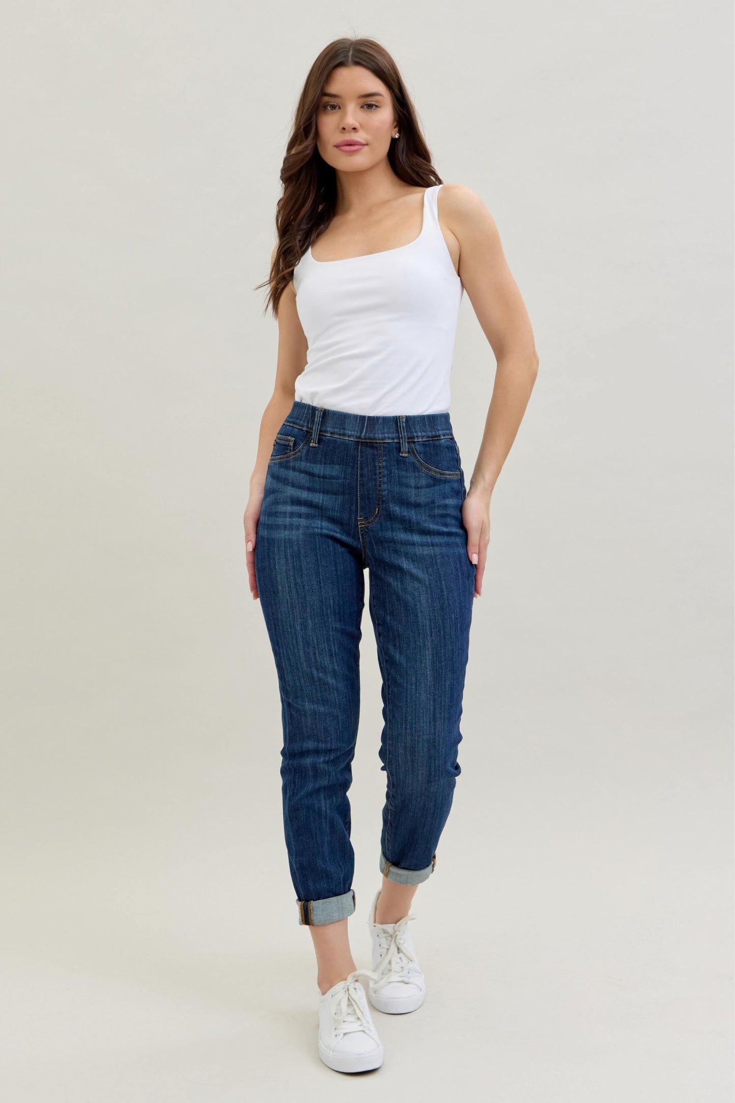 Judy Blue High Waist Pull On Double Cuff Slim Jean - Dark Wash