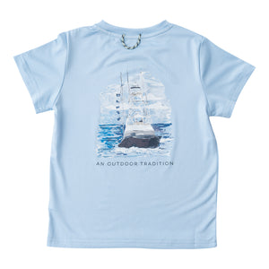 KIDS' PRO PERFORMANCE SHORT SLEEVE FISHING T-SHIRTS IN POWDER BLUE WITH SPORTFISHER BOAT