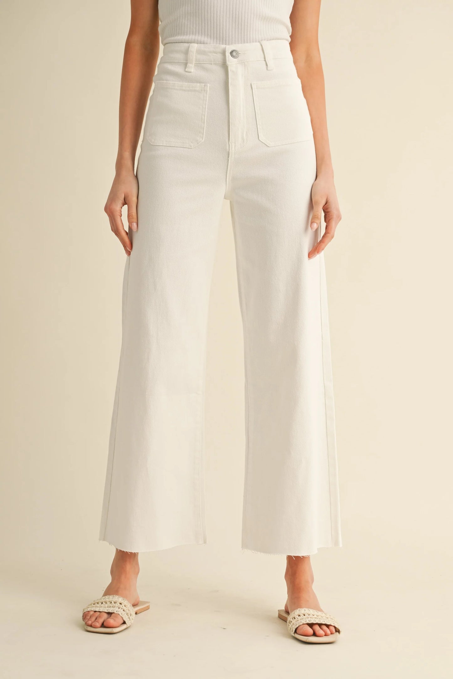 Front Pocket Stretch Wide Leg Denim Jeans | White