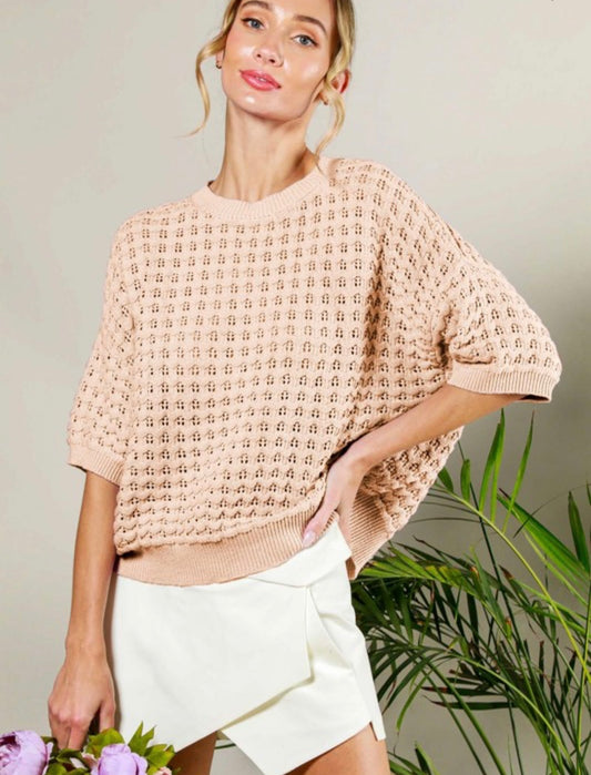 Short Sleeve Pointelle Summer Sweater Top - TAUPE