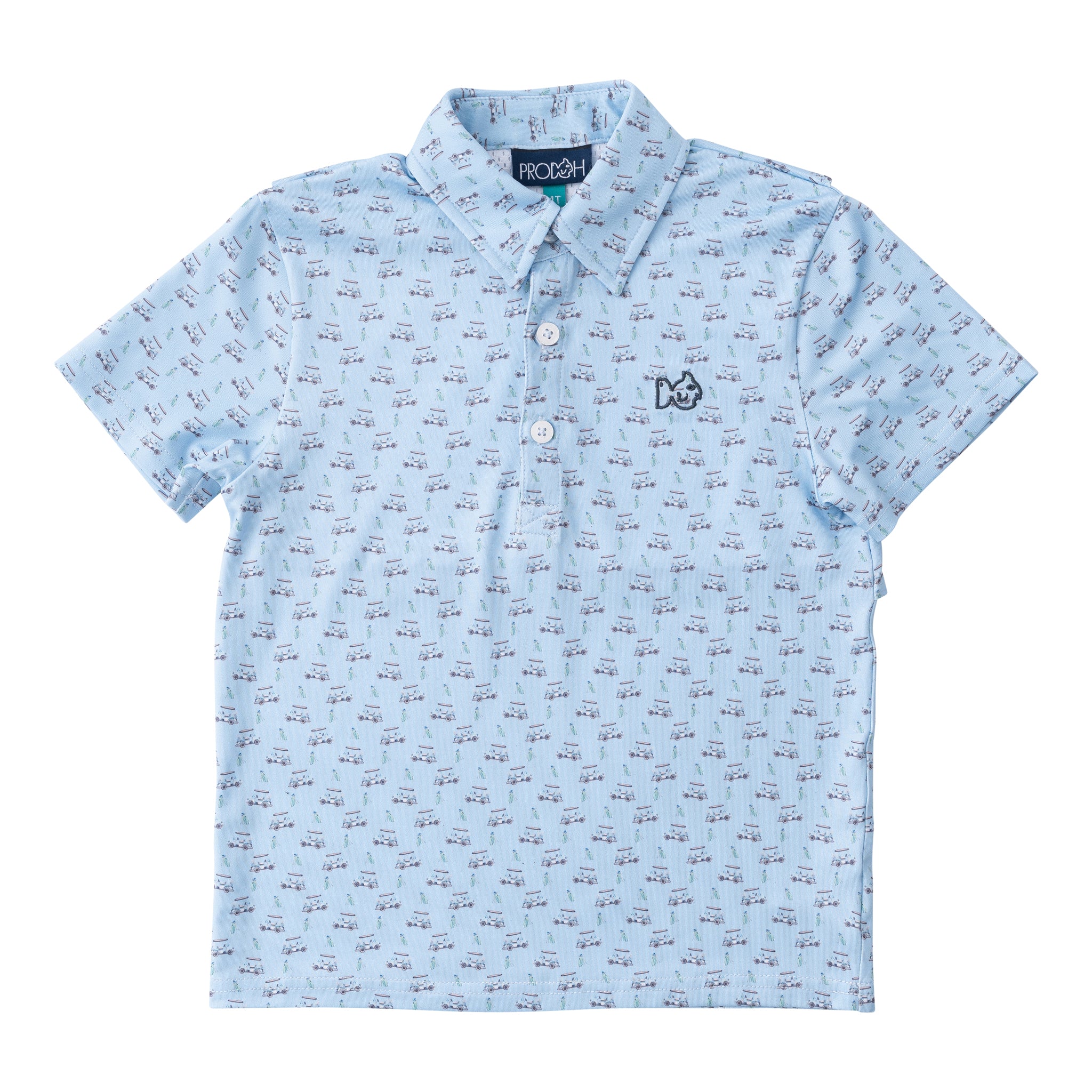 BOYS' SHORT SLEEVE PRO PERFORMANCE POLO IN POWDER BLUE GOLF CART PRINT