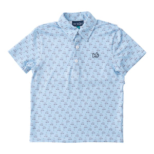 BOYS' SHORT SLEEVE PRO PERFORMANCE POLO IN POWDER BLUE GOLF CART PRINT