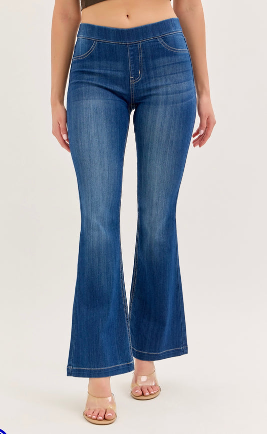 cello dark wash petite length mid rise flared jeggings