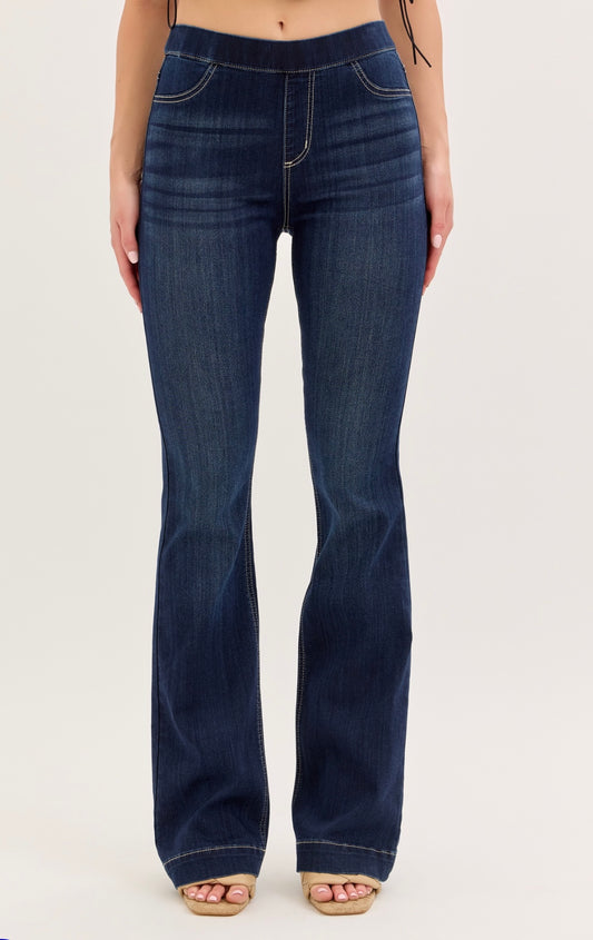 Cello High Rise Pull On Flare Jegging- Dark Denim