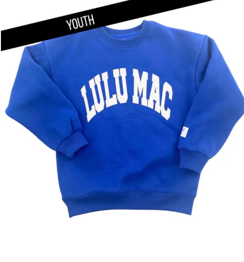 Youth LULU MAC royal blue with white puff letters Crewneck (Copy)