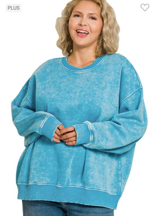 Plus Size Acid Wash Oversized Fleece Pullover | Dark Blue