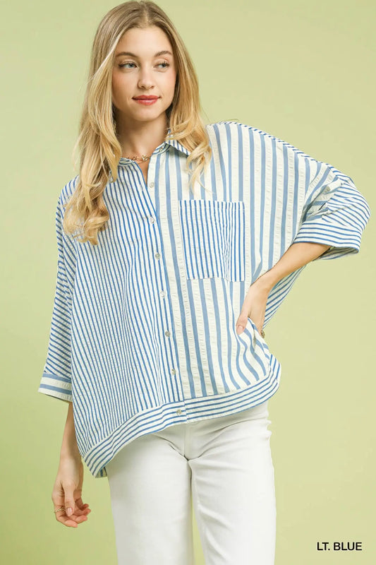 Mixed Stripe Oversized Button-down Top | Light Blue