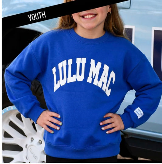 Youth LULU MAC royal blue with white puff letters Crewneck (Copy)