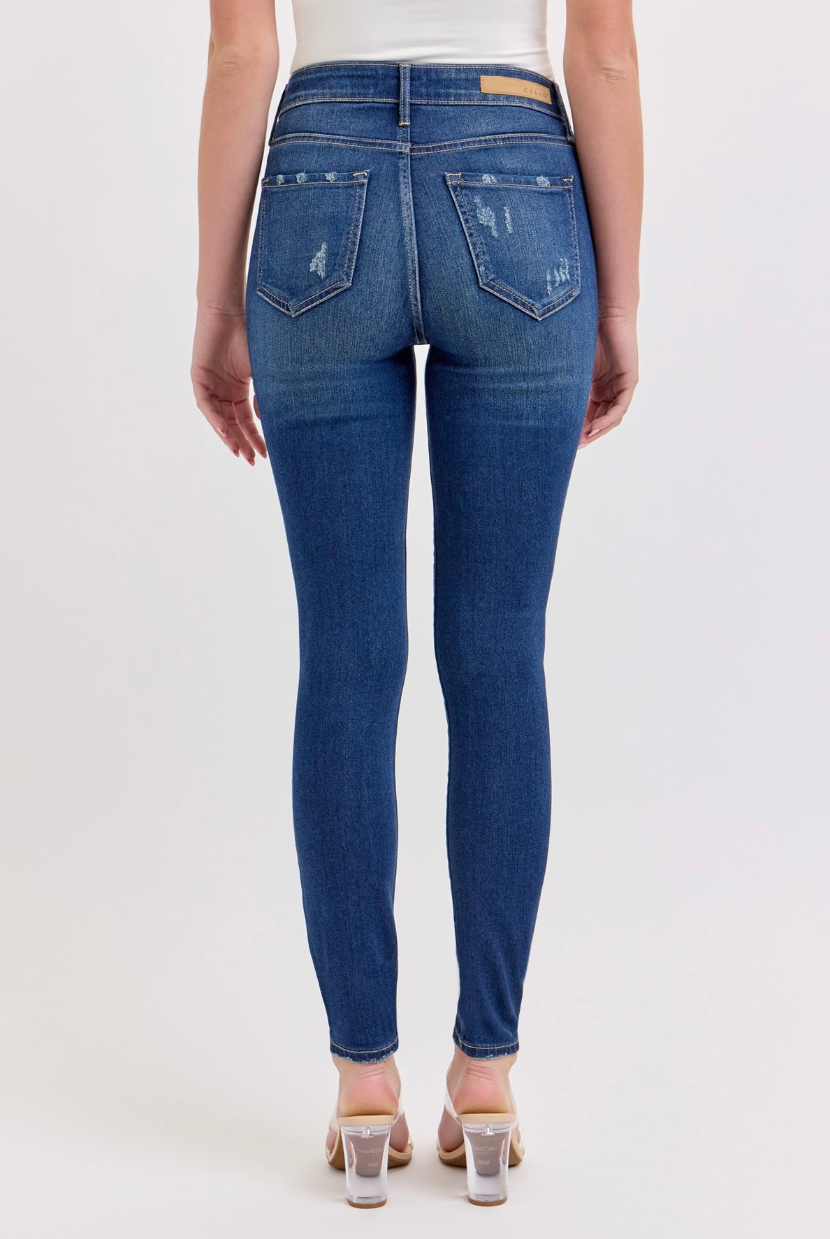 Cello High Rise Skinny w/ Distressed Pockets- Dark Denim
