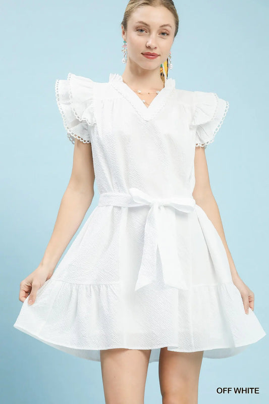 Seersucker V-Neck Ruffle Mini Dress | Off-white