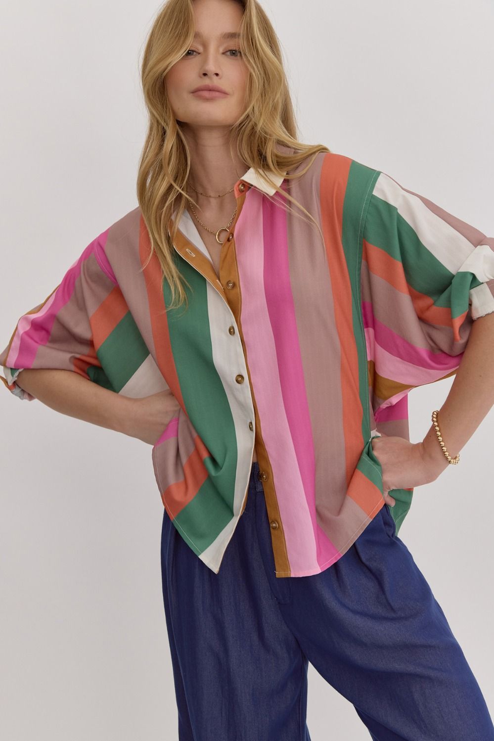 Multicolor striped button down long sleeve collared top