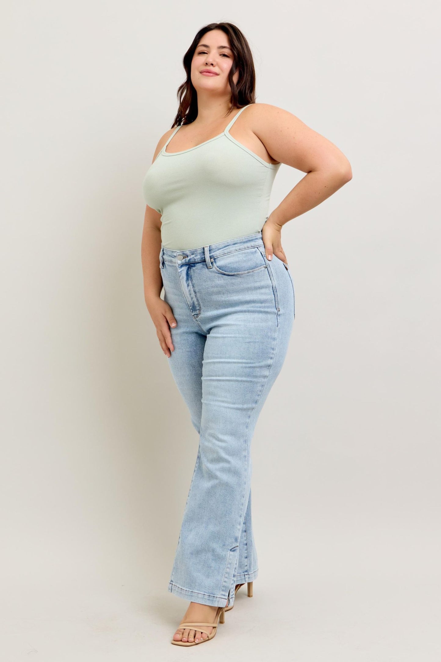 Curvy Judy Blue HW Tummy Control Vintage Wash Side Slit Slim Boot