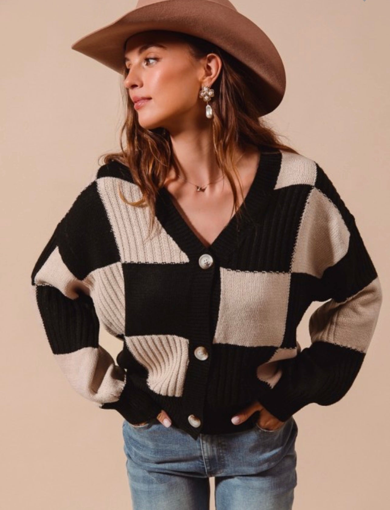 Checkered Button Front Cardigan - Oatmeal/Black