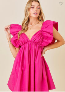 Hot pink RUFFLE DETAIL TIE BACK POPLIN DRESS