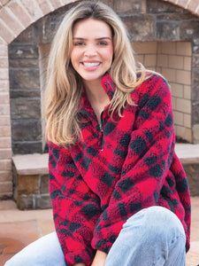 Simply Southern sherpa Pullover for Women plaid red