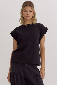 Solid black round neck cap sleeve top featuring braided