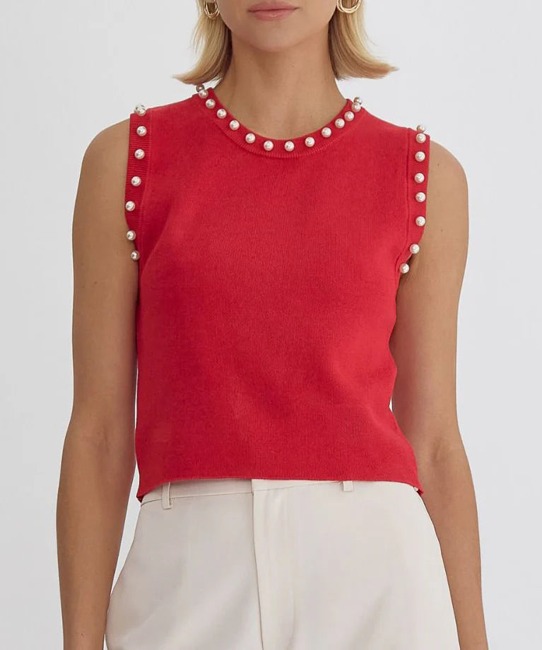 Solid round neck sleeveless cropped top featuring pearl detail