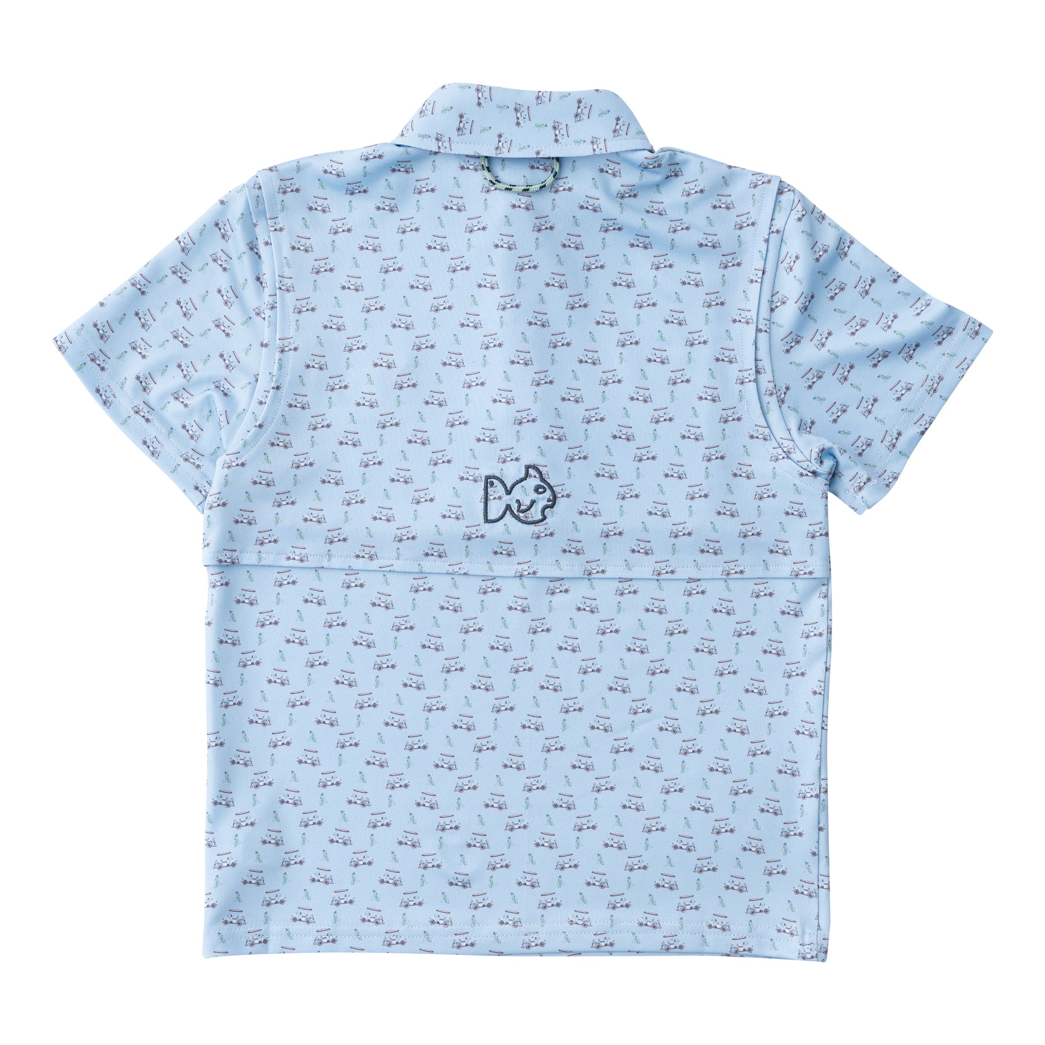 BOYS' SHORT SLEEVE PRO PERFORMANCE POLO IN POWDER BLUE GOLF CART PRINT