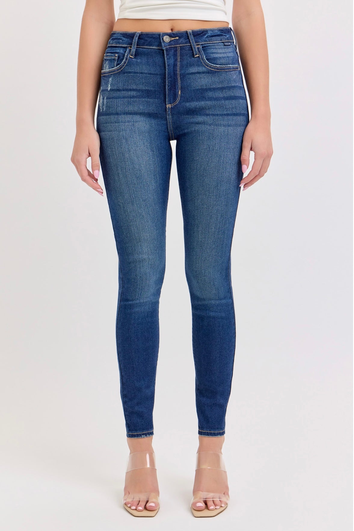 Cello High Rise Skinny w/ Distressed Pockets- Dark Denim