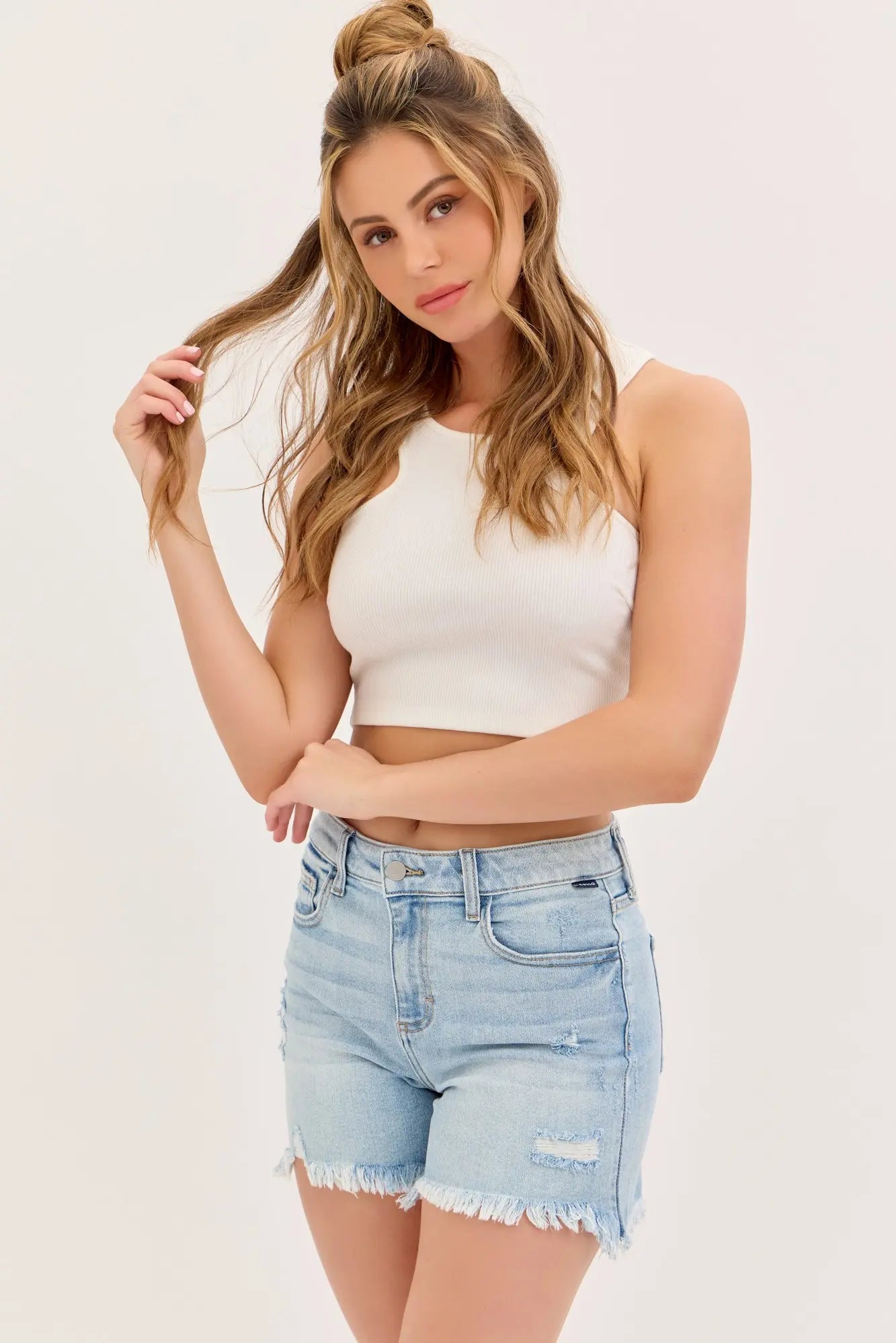Boyfriend Shorts with Uneven Fray Hem | Light Denim