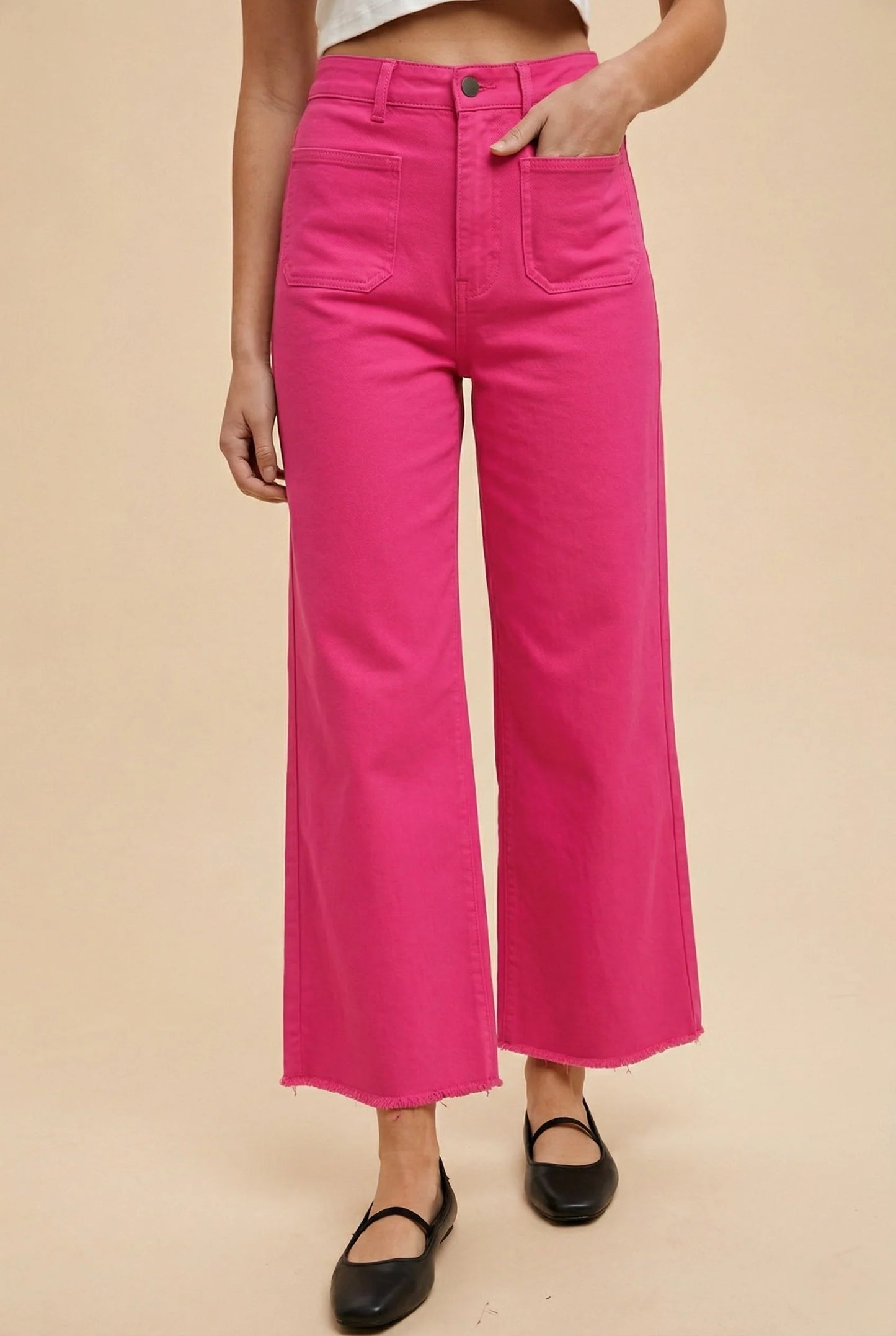 Front Pocket Stretch Wide Leg Denim Jeans | Hot Pink