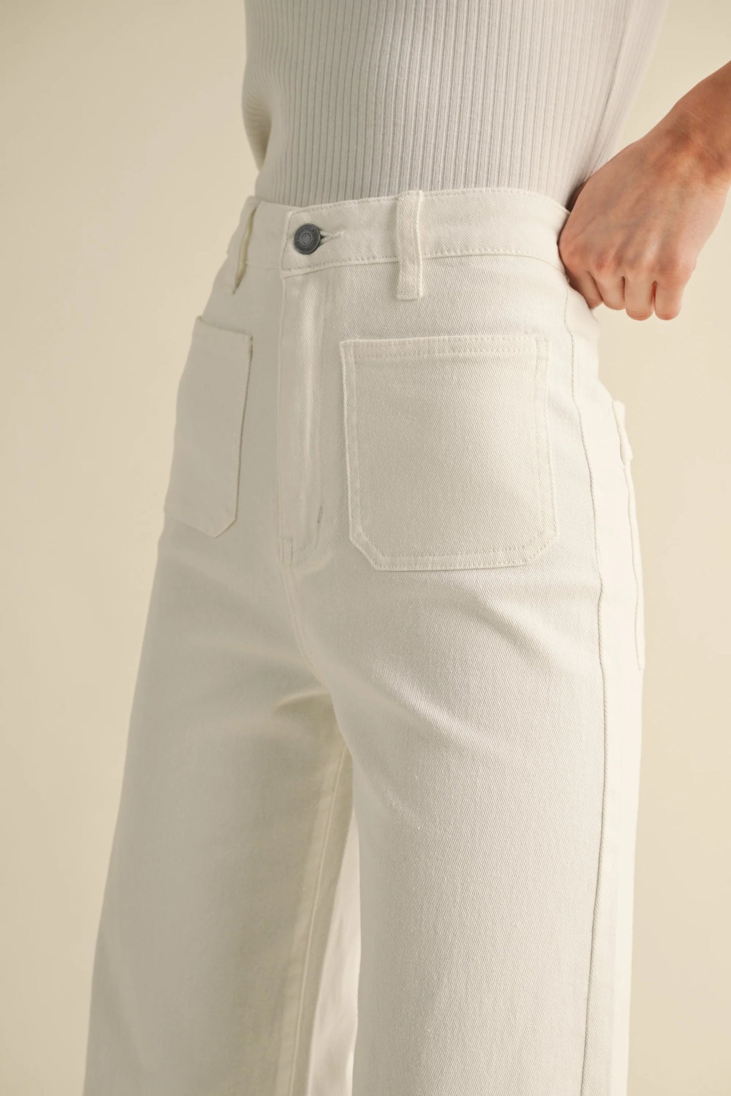 Front Pocket Stretch Wide Leg Denim Jeans | White