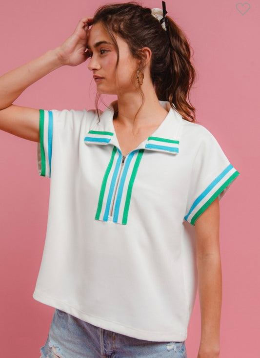 CONTRAST BANDED FRONT ZIP UP TOP