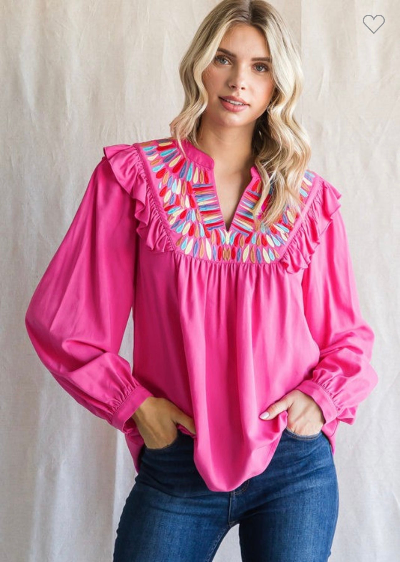 Solid hot pink Ruffled Embroidery Yoke Top