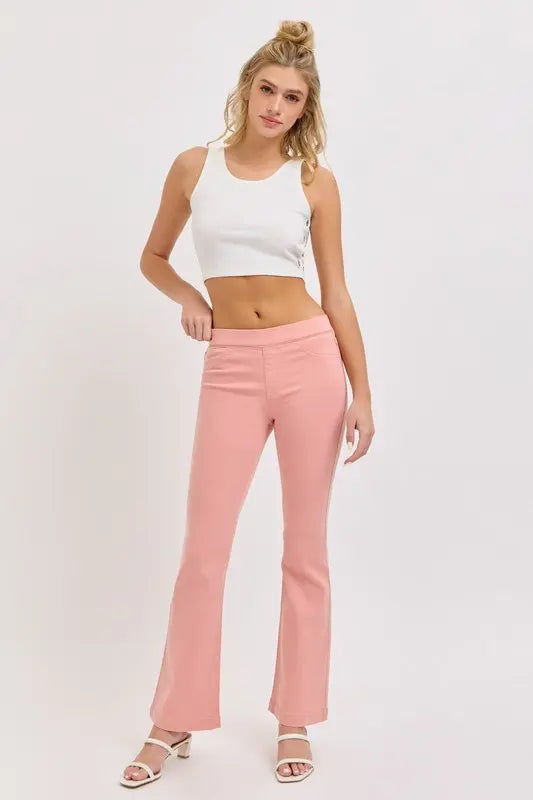 Cello Petite Mid-Rise Flare Jeggings | Coral Peach