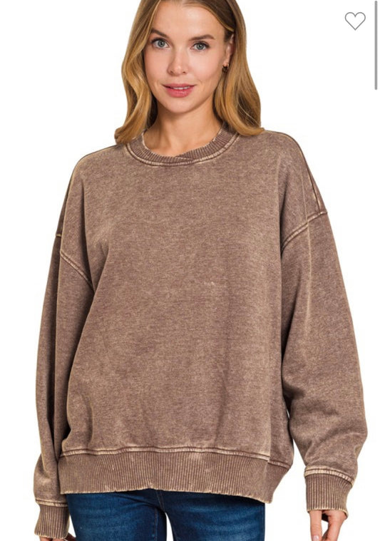 Brown Acid Wash Oversized Fleece Pullover