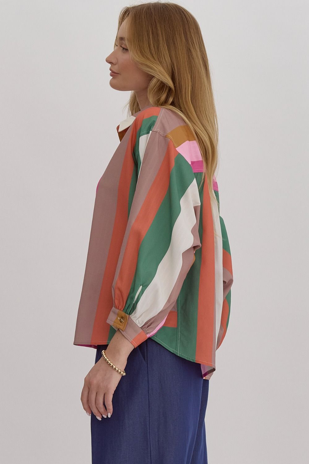 Multicolor striped button down long sleeve collared top