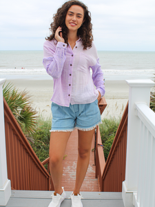 Simply southern button down gauze top in color block Lilac
