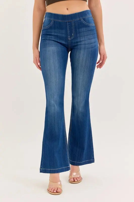 cello dark denim petite length mid rise flare jeggings