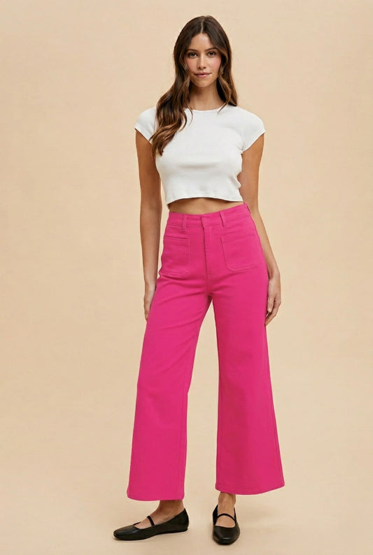 Front Pocket Stretch Wide Leg Denim Jeans | Hot Pink