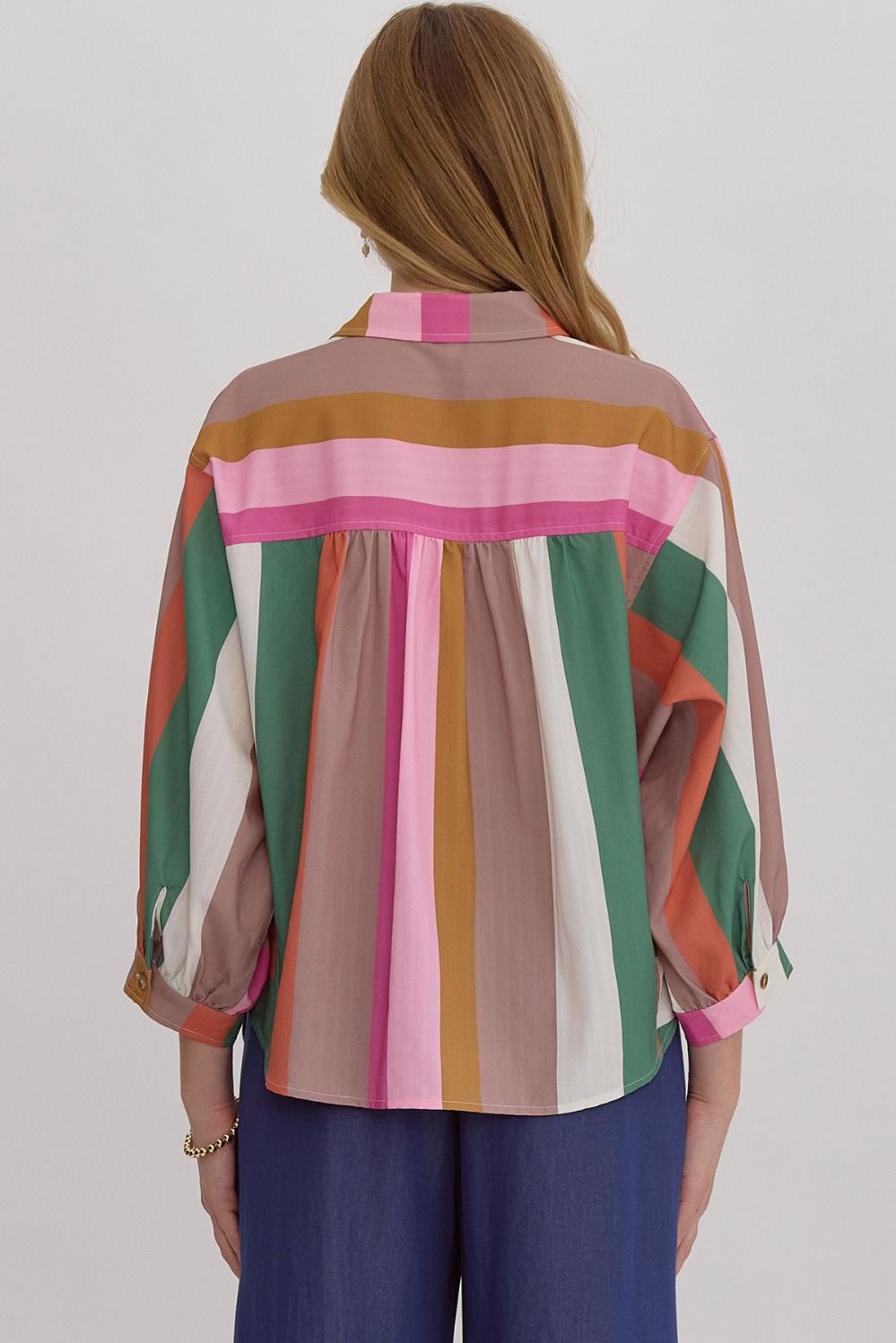 Multicolor striped button down long sleeve collared top