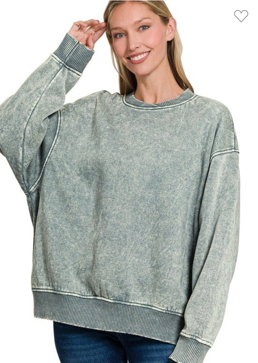 Ash Jade acid Wash Oversized Fleece Pullover