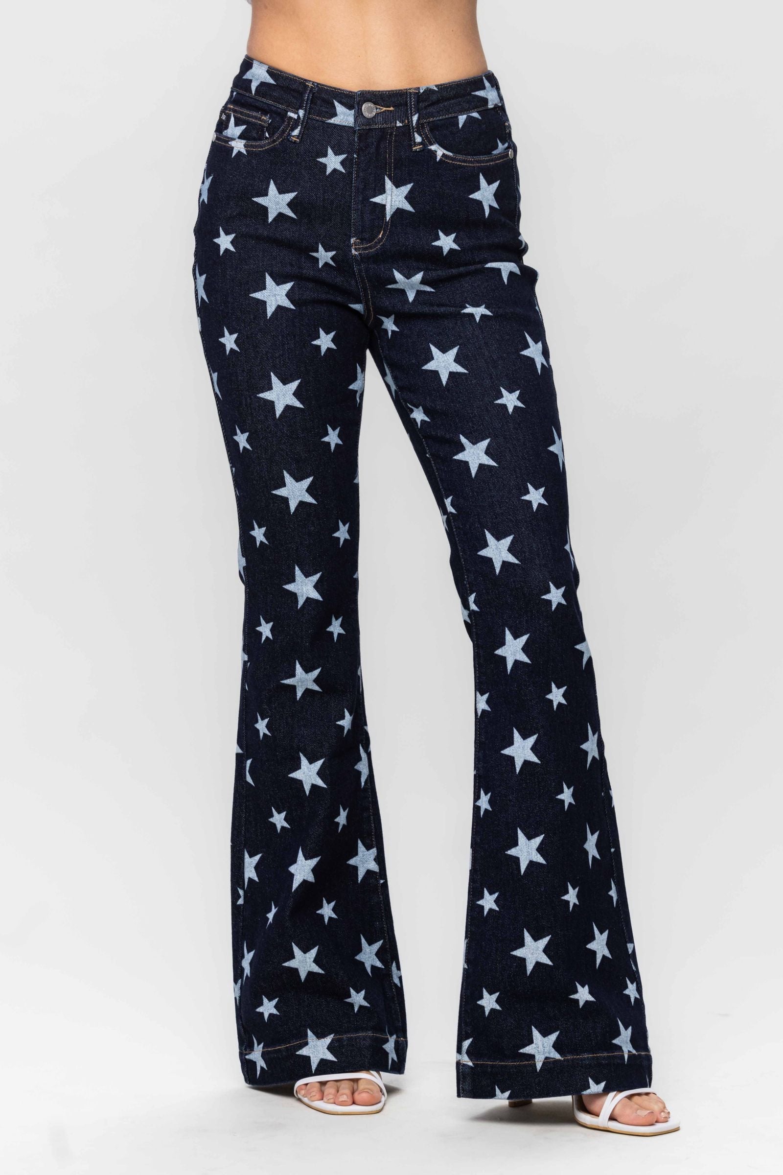HIGH WAIST ALL OVER STAR PRINT RINSE WASH FLARE