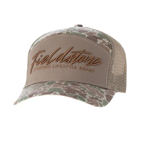 7 Panel Script Logo Camo Hat