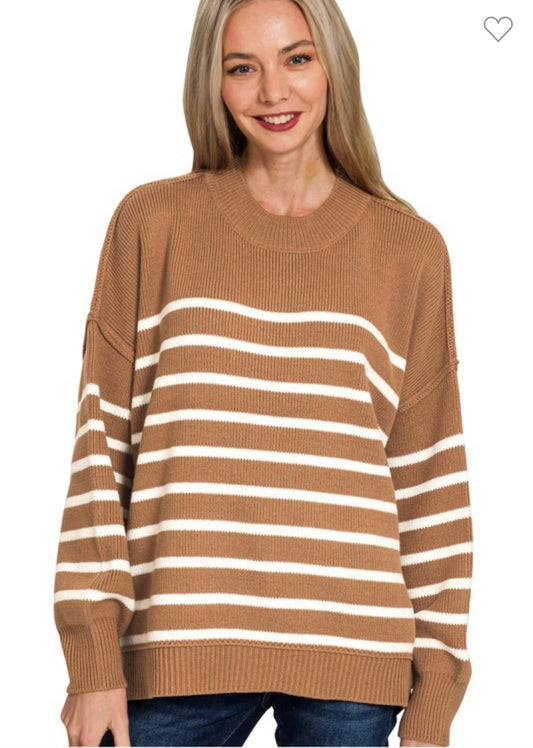 Deep camel Exposed Seam Striped Oversized Sweater