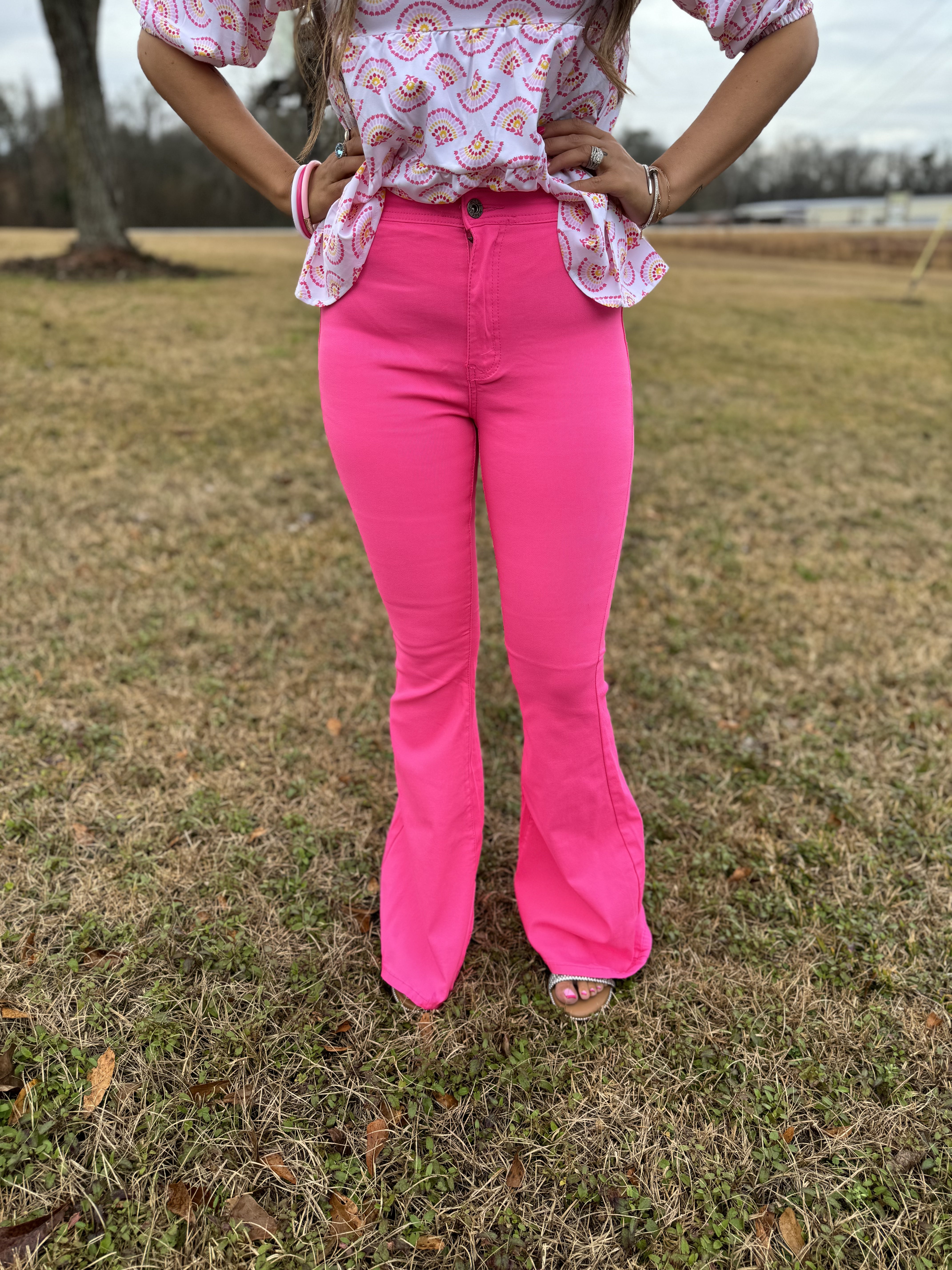 Neon pink super stretch bell bottom pants